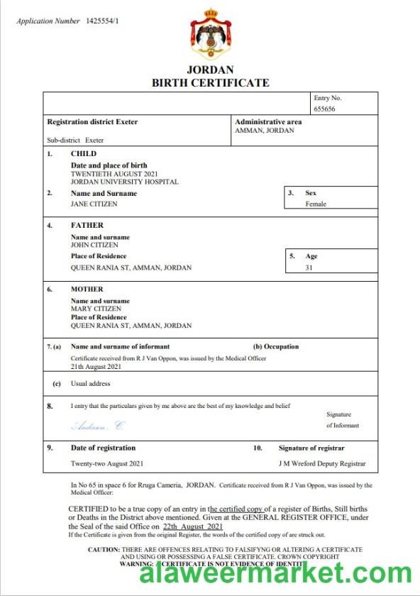 Jordan birth certificate Word and PDF template